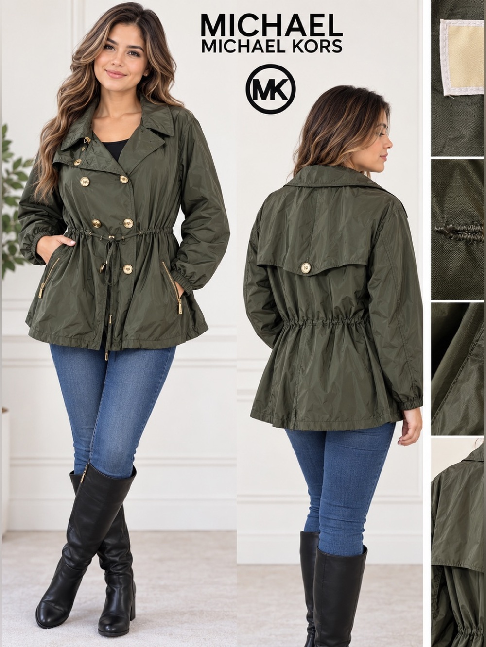 Michael Kors Olive Green Drawstring Trench Jacket with Gold Hardware